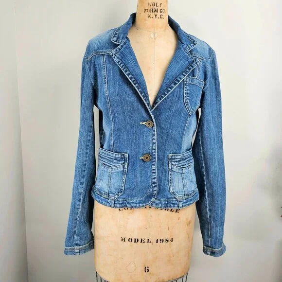 DKNY Jeans Y2K Industrial Chic Tailored Denim Blazer Jacket - Large - Picture 2 of 16